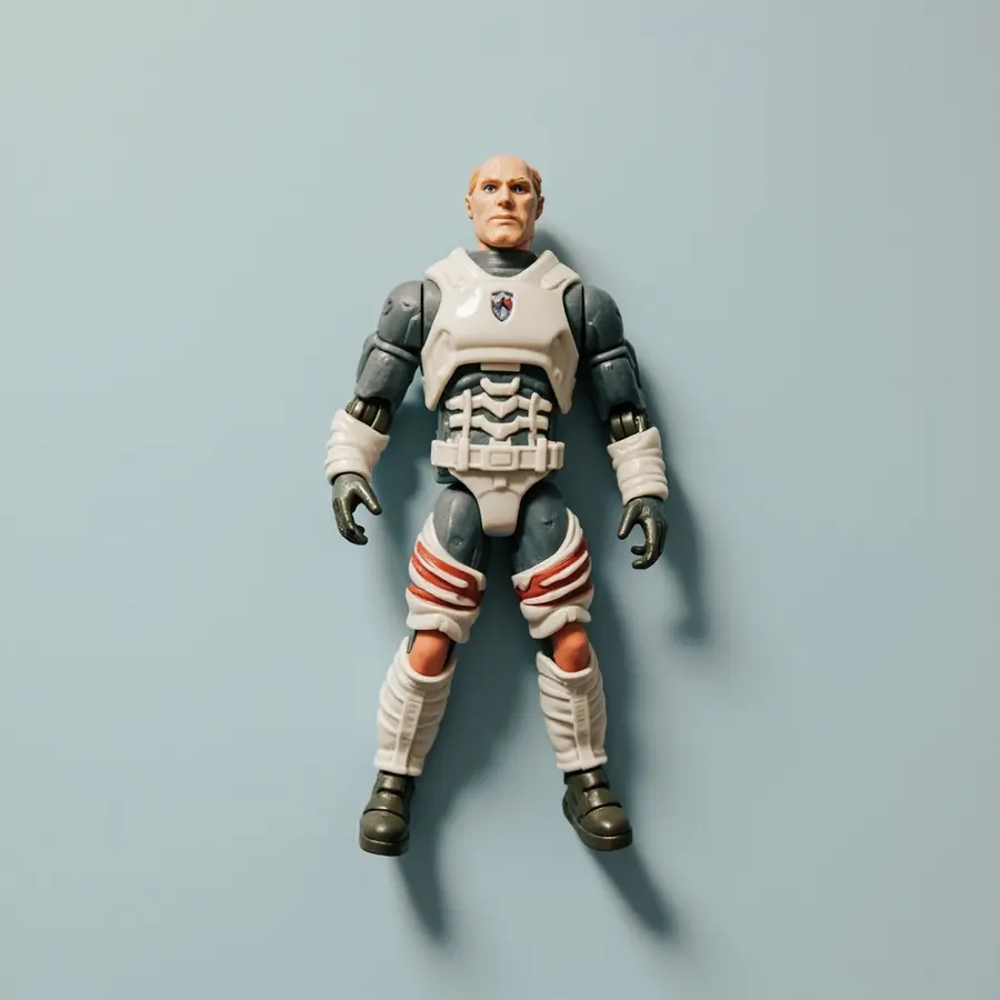 AI-generated instructional example of a full action figure photographed from the front on a clear surface