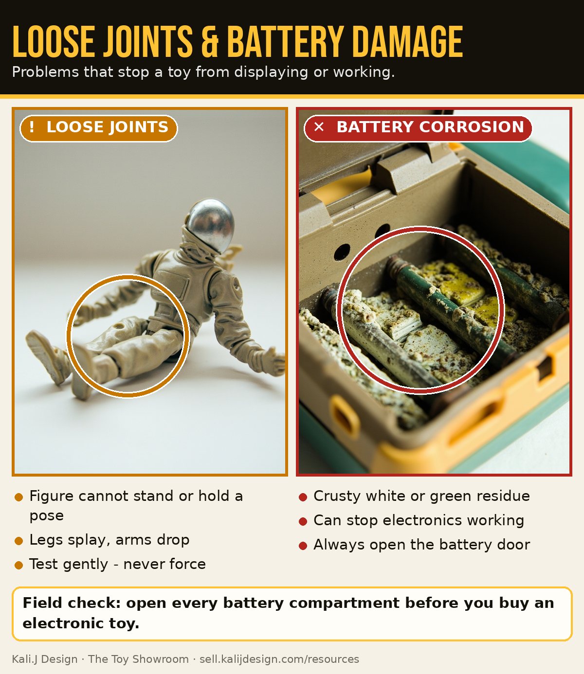 A loose figure slumped over because its joints are loose, and a battery compartment with crusty corrosion