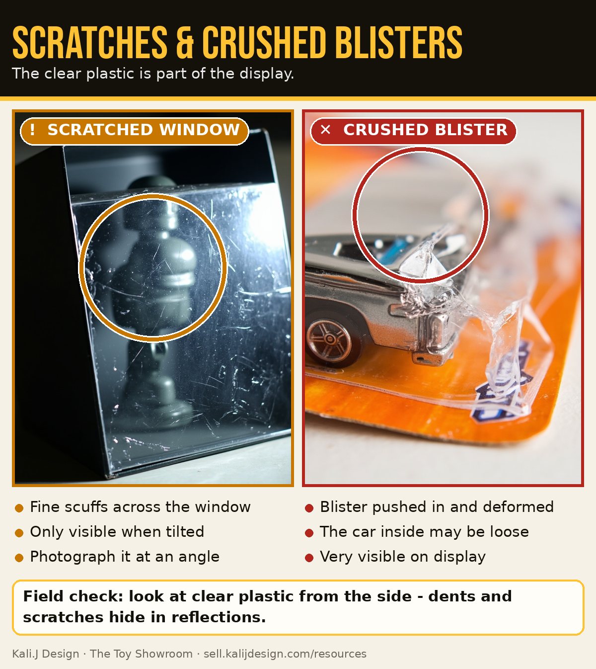 A box window covered in scratches, and a carded diecast car whose blister has been crushed